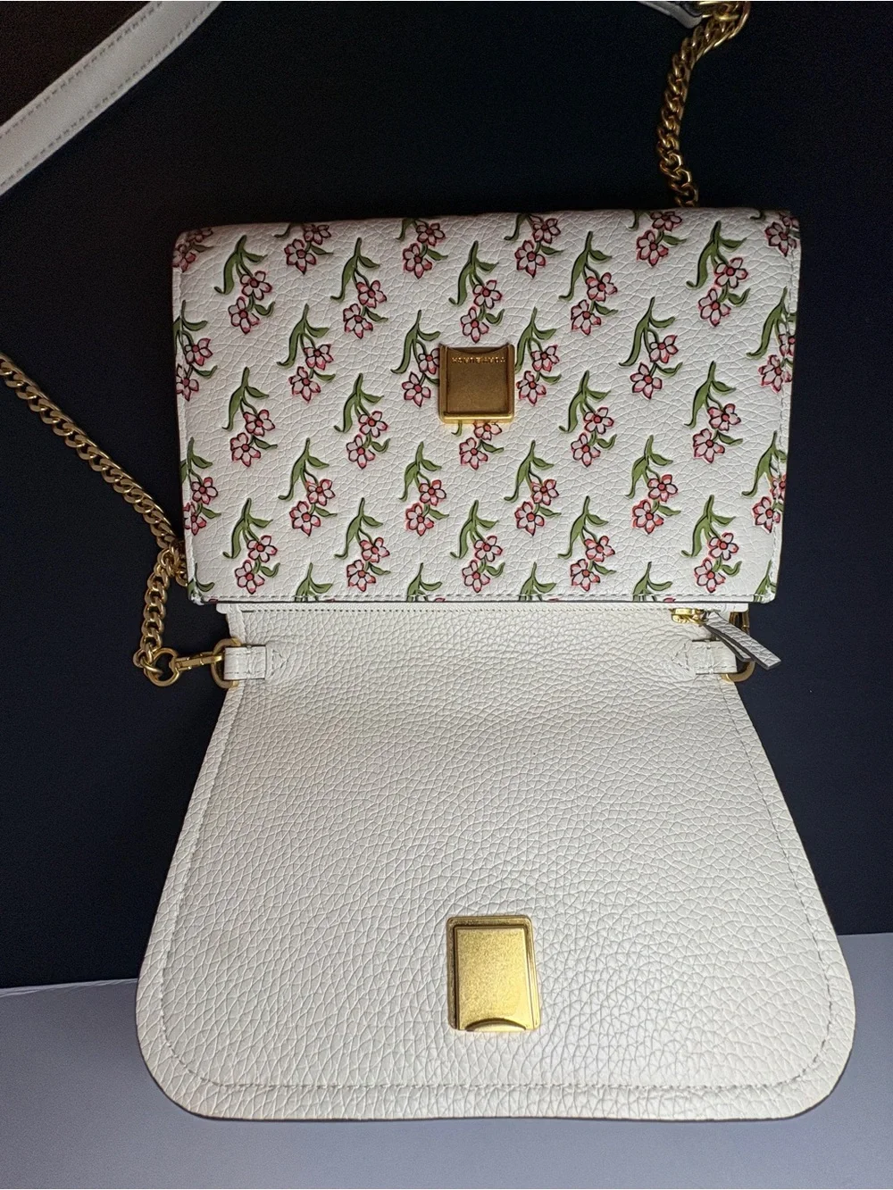 Tory Burch Cream Floral Leather Crossbody with Pink and Green Print & Gold Chain